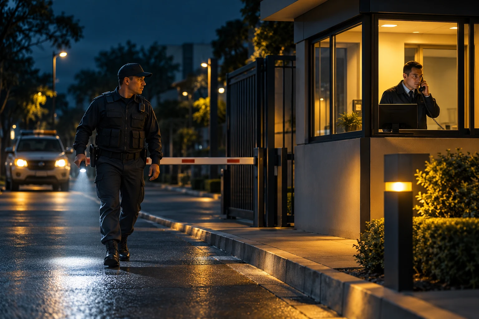 Vigilante chegando a um posto noturno na rua escura, com a lanterna acesa, e o supervisor ao telefone na portaria.