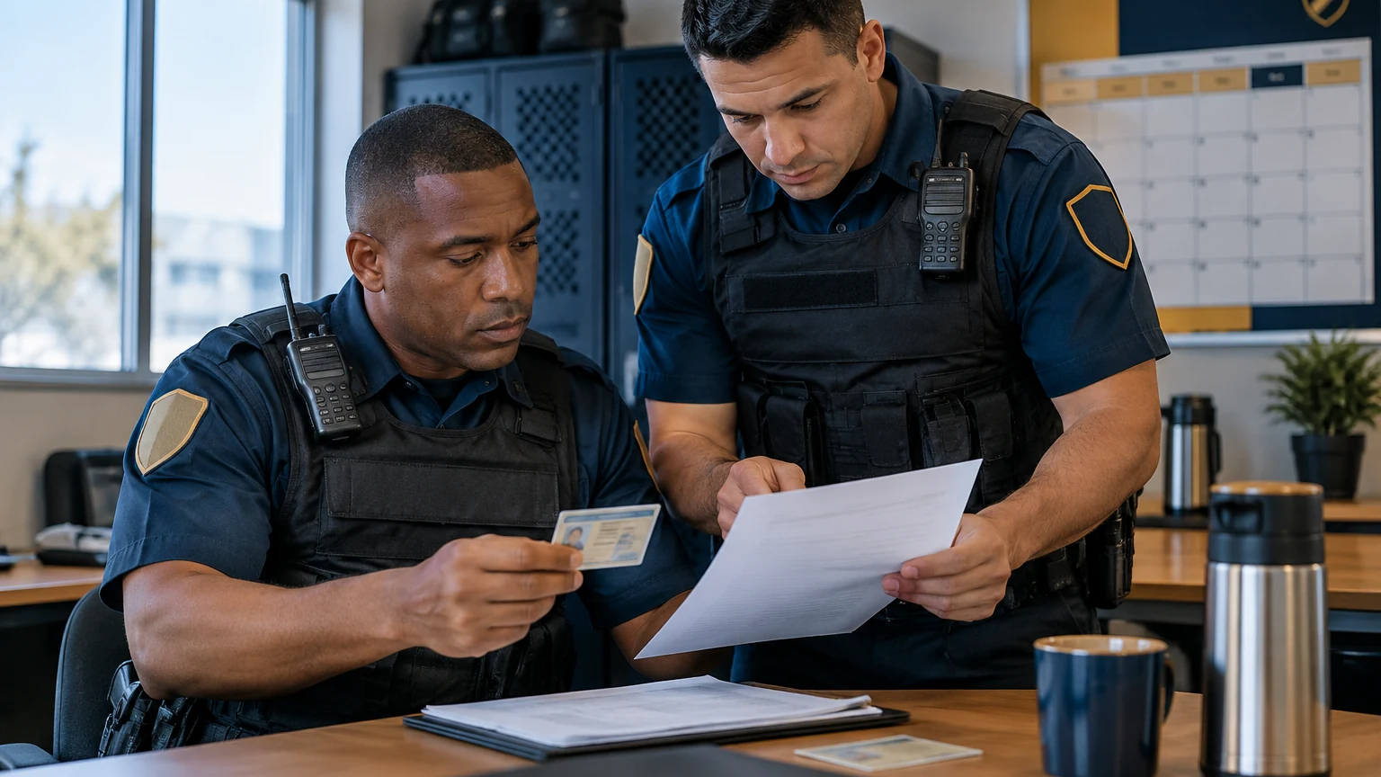 Dois vigilantes de uniforme conferindo papéis de habilitação numa sala de escala, com um calendário de cursos na parede.