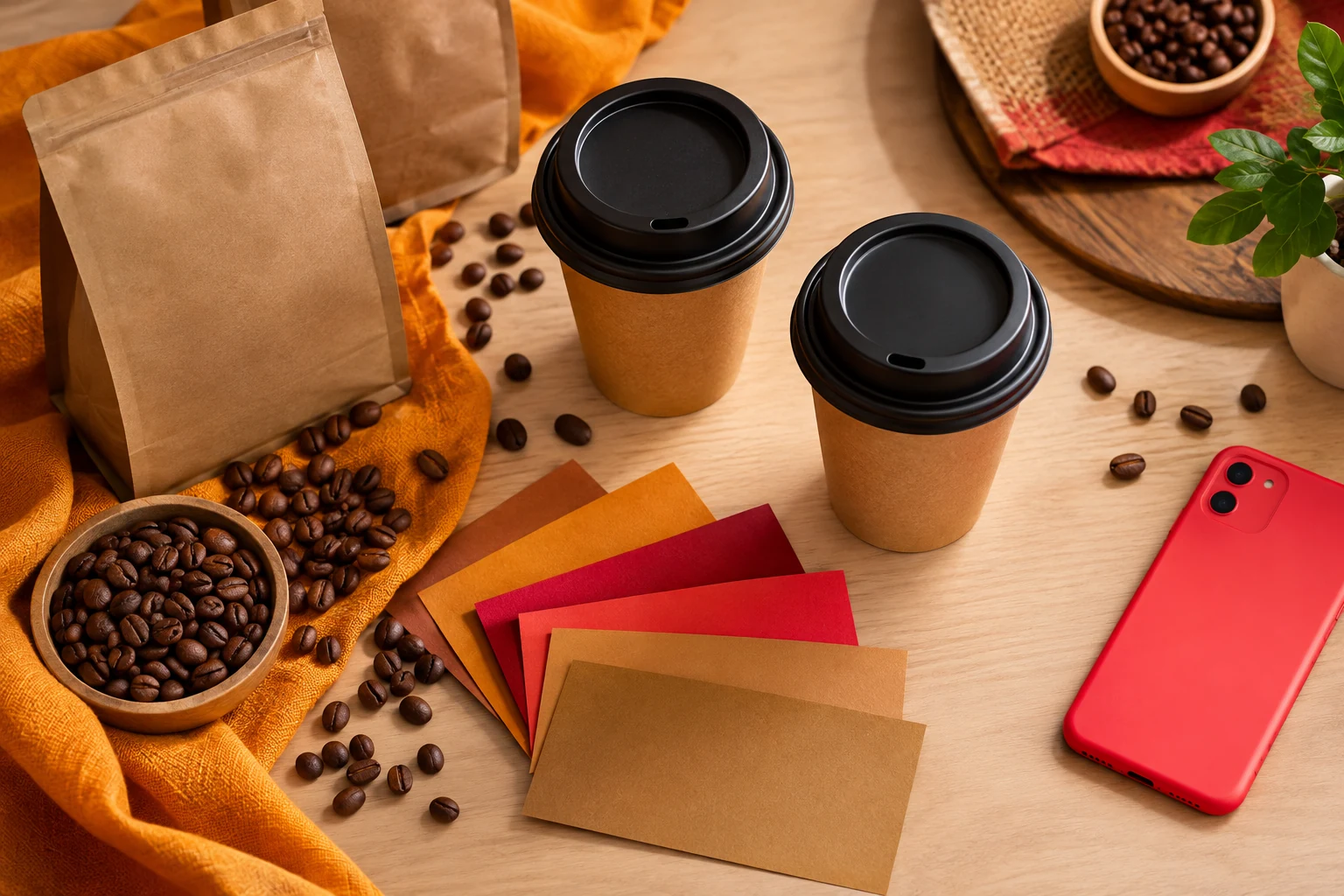 Copos de café, saquinhos kraft e amostras de cores em tons de marrom e dourado sobre uma mesa.