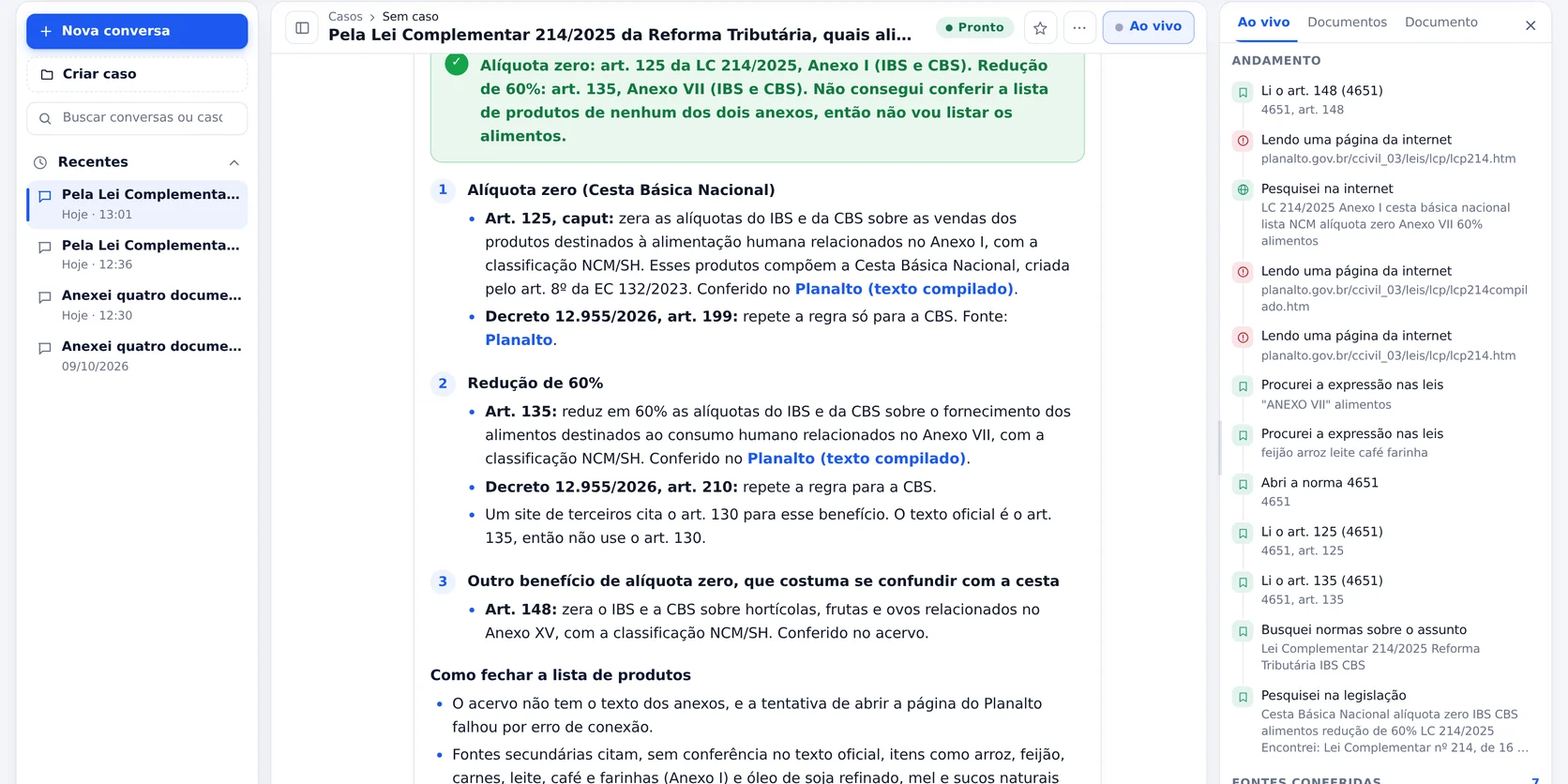 Conversa real no app Wortic: a resposta sobre a Lei Complementar 214/2025 cita os artigos 125, 135 e 148, com o painel ao vivo das leis lidas.