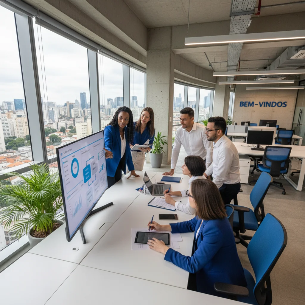 Professional photograph of a modern Brazilian office with diverse team collaborating around a digital dashboard, natural lighting, 16:9 aspect ratio, corporate yet approachable atmosphere, Sao Paulo skyline visible through windows, primary colors blue and