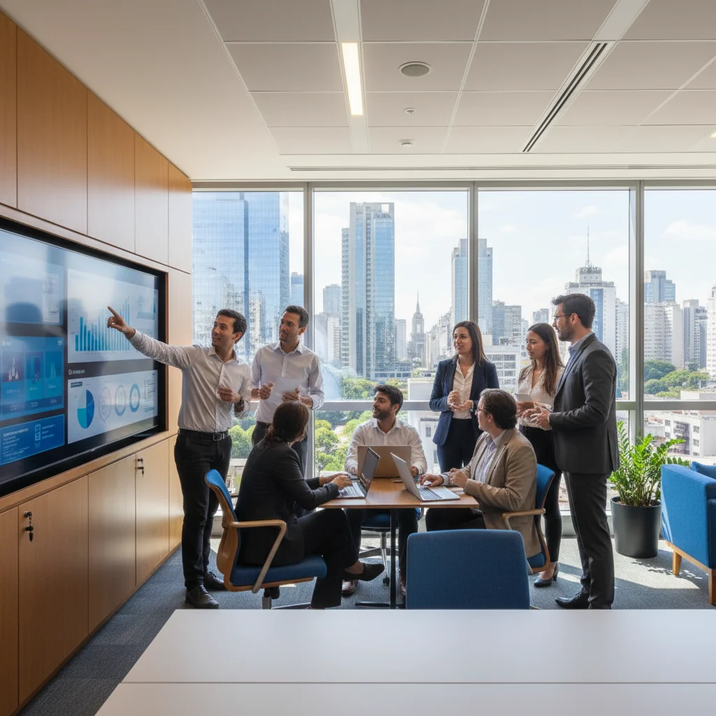 Professional photograph of a modern Brazilian office with diverse team collaborating around a digital dashboard, natural lighting, 16:9 aspect ratio, corporate yet approachable atmosphere, Sao Paulo skyline visible through windows, primary colors blue and