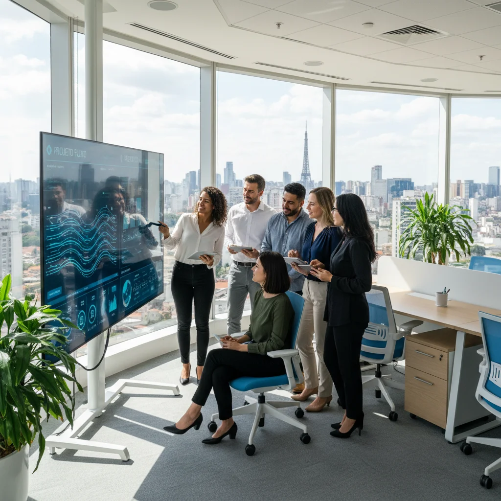 Professional photograph of a modern Brazilian office with diverse team collaborating around a digital dashboard, natural lighting, 16:9 aspect ratio, corporate yet approachable atmosphere, Sao Paulo skyline visible through windows, primary colors blue and