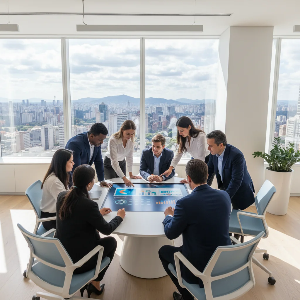Professional photograph of a modern Brazilian office with diverse team collaborating around a digital dashboard, natural lighting, 16:9 aspect ratio, corporate yet approachable atmosphere, Sao Paulo skyline visible through windows, primary colors blue and