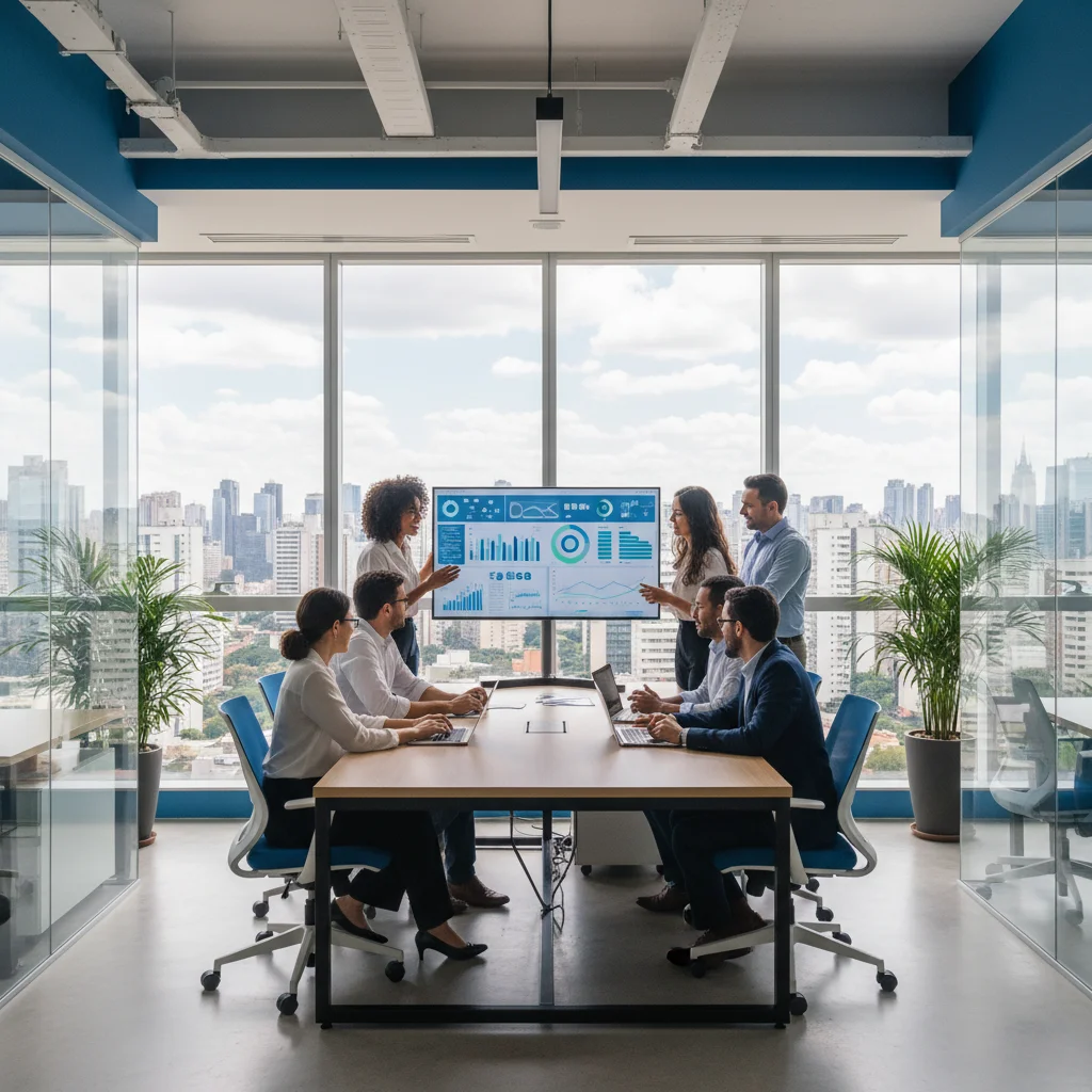 Professional photograph of a modern Brazilian office with diverse team collaborating around a digital dashboard, natural lighting, 16:9 aspect ratio, corporate yet approachable atmosphere, Sao Paulo skyline visible through windows, primary colors blue and