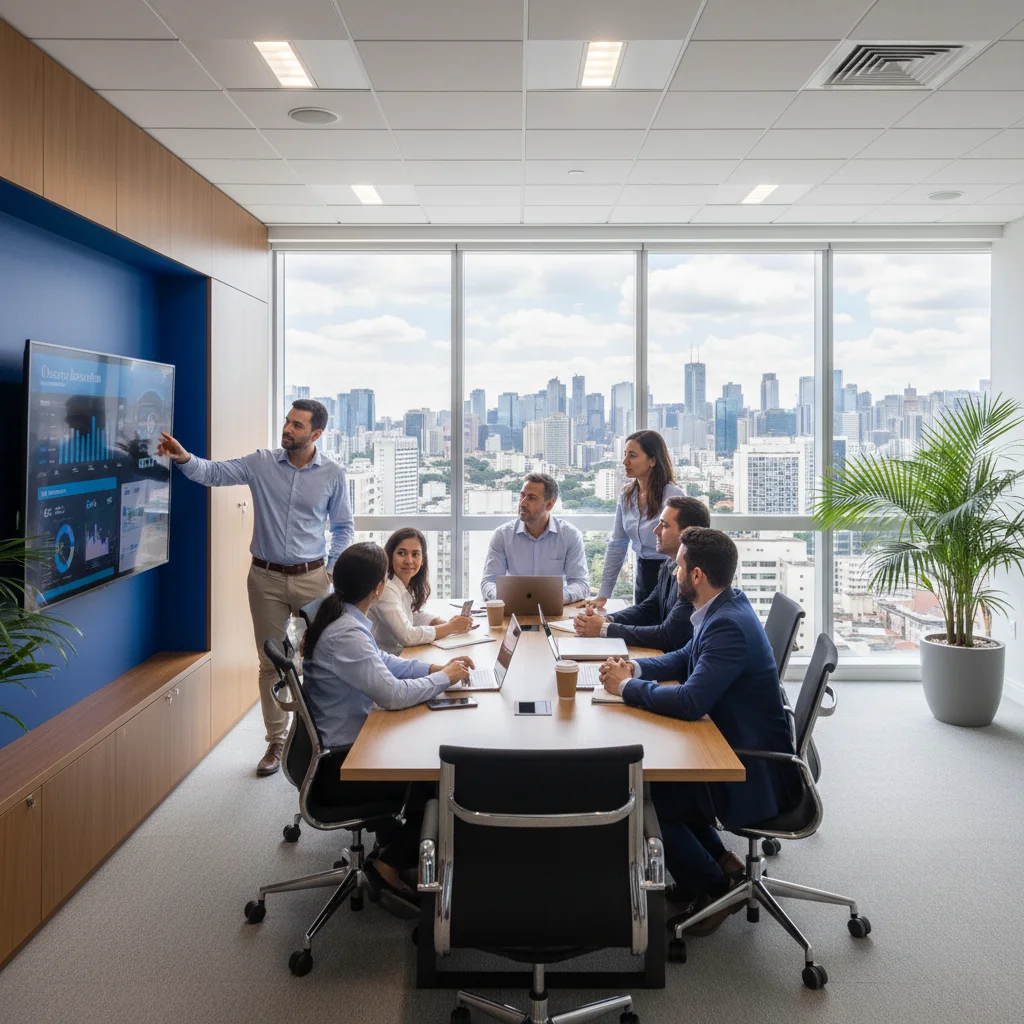 Professional photograph of a modern Brazilian office with diverse team collaborating around a digital dashboard, natural lighting, 16:9 aspect ratio, corporate yet approachable atmosphere, Sao Paulo skyline visible through windows, primary colors blue and