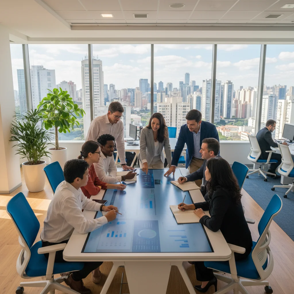 Professional photograph of a modern Brazilian office with diverse team collaborating around a digital dashboard, natural lighting, 16:9 aspect ratio, corporate yet approachable atmosphere, Sao Paulo skyline visible through windows, primary colors blue and