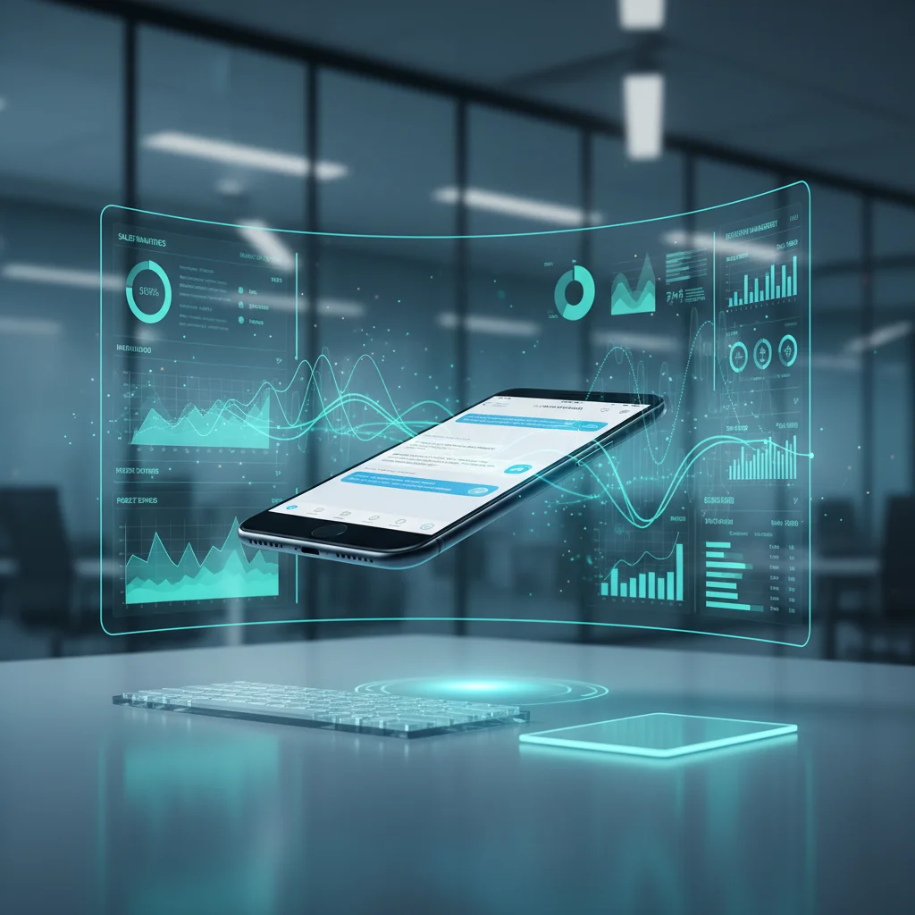 A sophisticated digital workspace concept, featuring a sleek smartphone floating in the center displaying a clean, modern WhatsApp interface with glowing data flow lines connecting to a holographic ERP dashboard. High-tech, professional aesthetic, soft bl