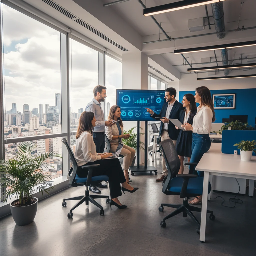 Professional photograph of a modern Brazilian office with diverse team collaborating around a digital dashboard, natural lighting, 16:9 aspect ratio, corporate yet approachable atmosphere, Sao Paulo skyline visible through windows, primary colors blue and
