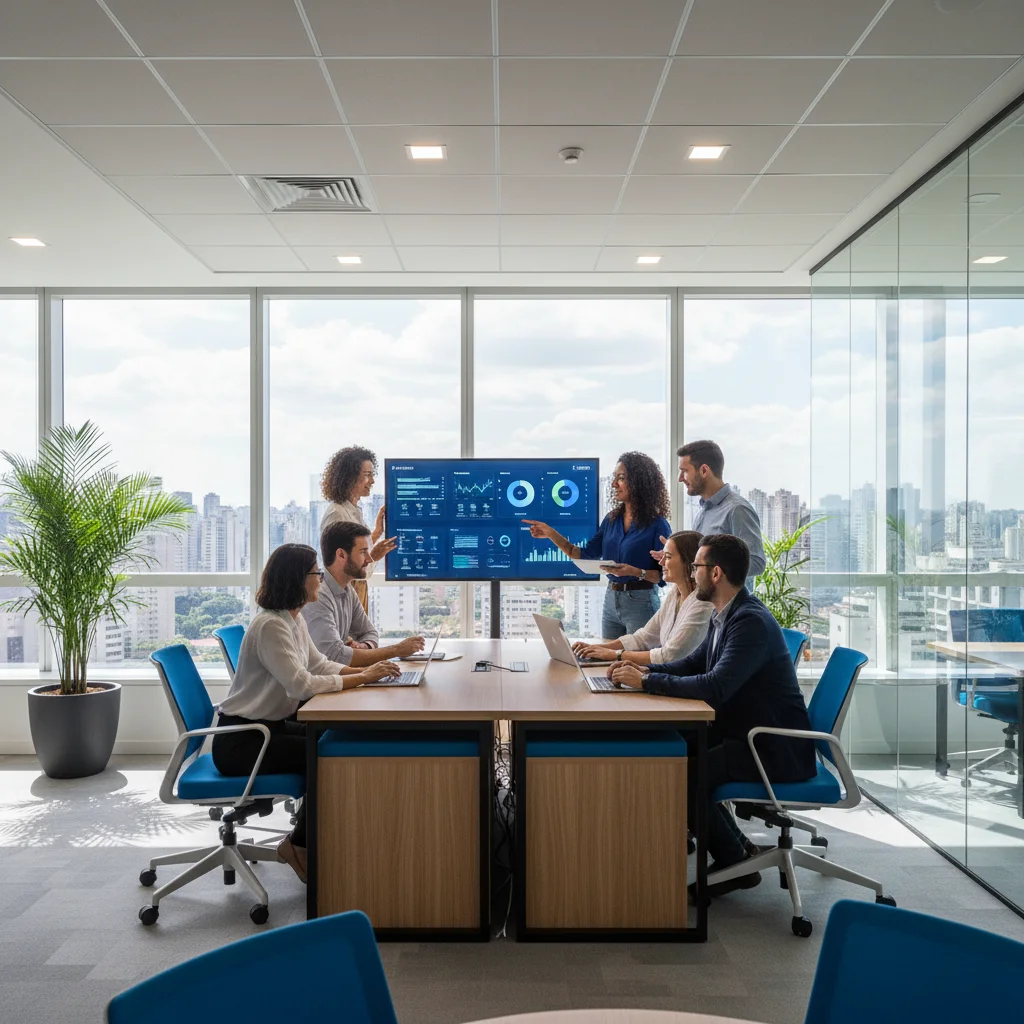 Professional photograph of a modern Brazilian office with diverse team collaborating around a digital dashboard, natural lighting, 16:9 aspect ratio, corporate yet approachable atmosphere, Sao Paulo skyline visible through windows, primary colors blue and