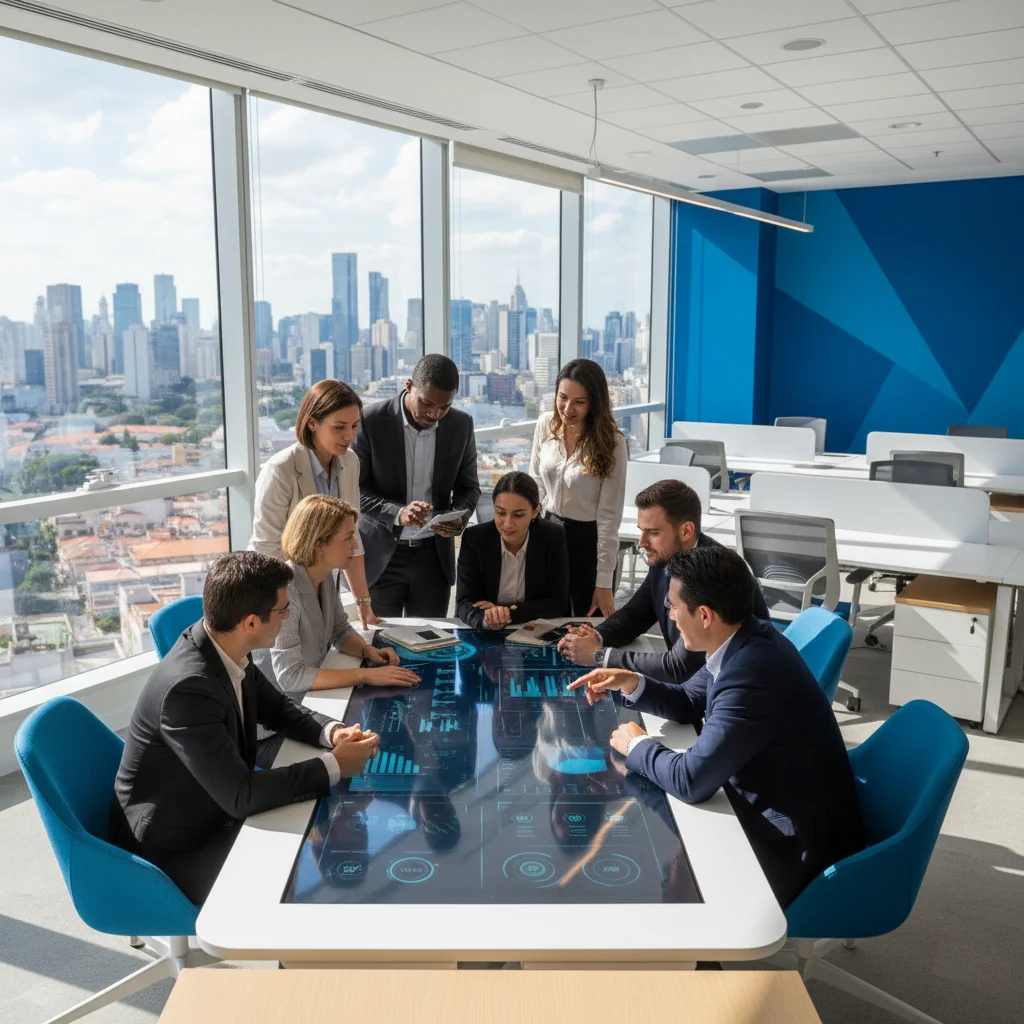Professional photograph of a modern Brazilian office with diverse team collaborating around a digital dashboard, natural lighting, 16:9 aspect ratio, corporate yet approachable atmosphere, Sao Paulo skyline visible through windows, primary colors blue and
